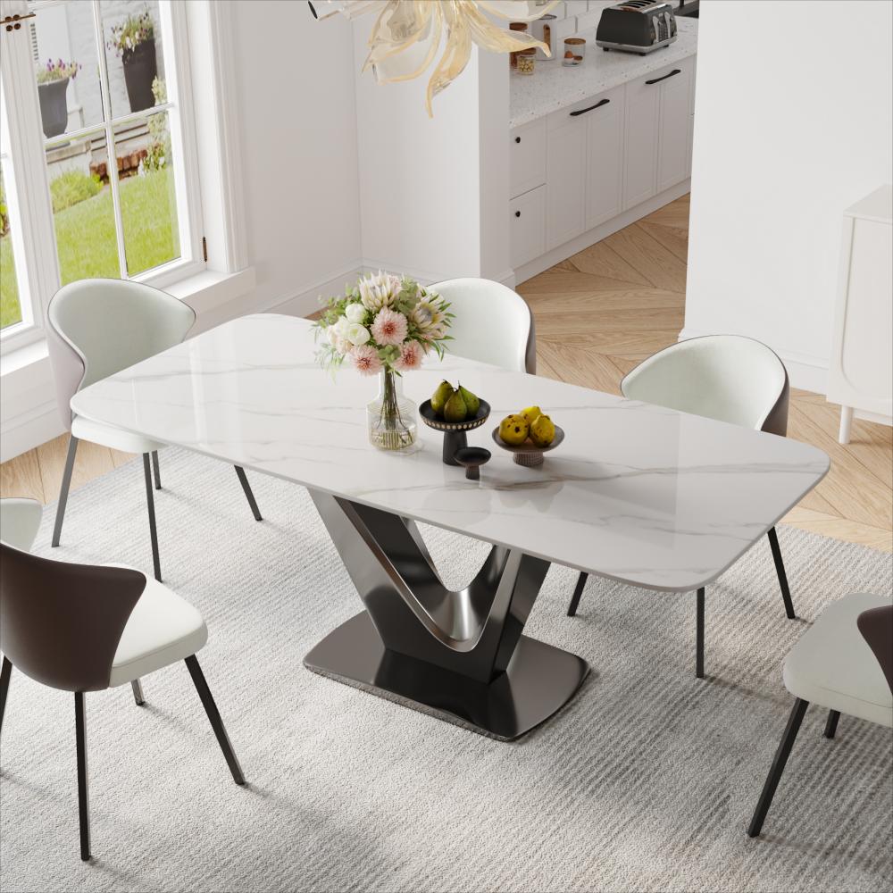 Modern White Dining Table- Rectangular Tabletop & V-Shape Base White