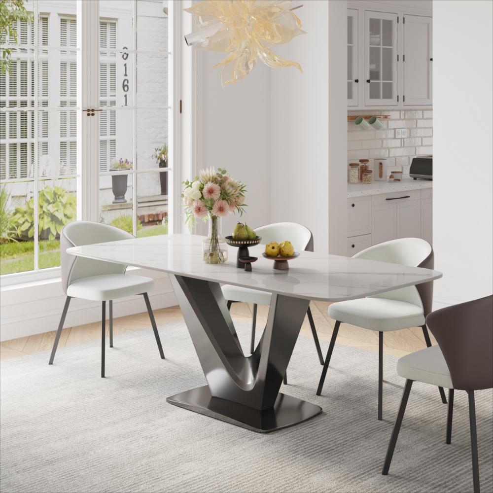 Modern White Dining Table- Rectangular Tabletop & V-Shape Base White