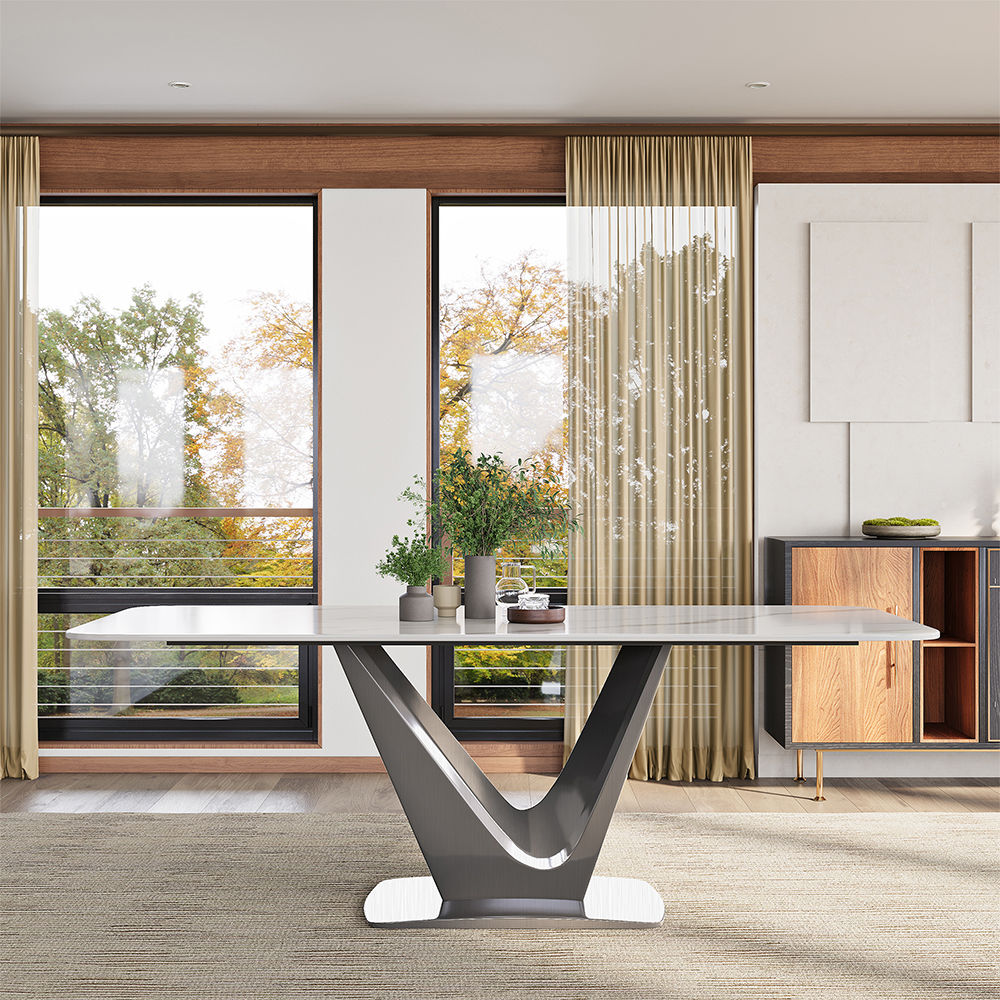 Modern White Dining Table- Rectangular Tabletop & V-Shape Base White