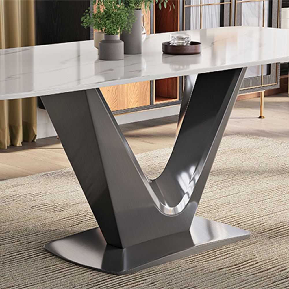 Modern White Dining Table- Rectangular Tabletop & V-Shape Base White