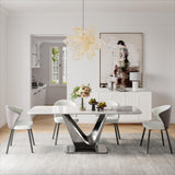 Modern White Dining Table- Rectangular Tabletop & V-Shape Base White