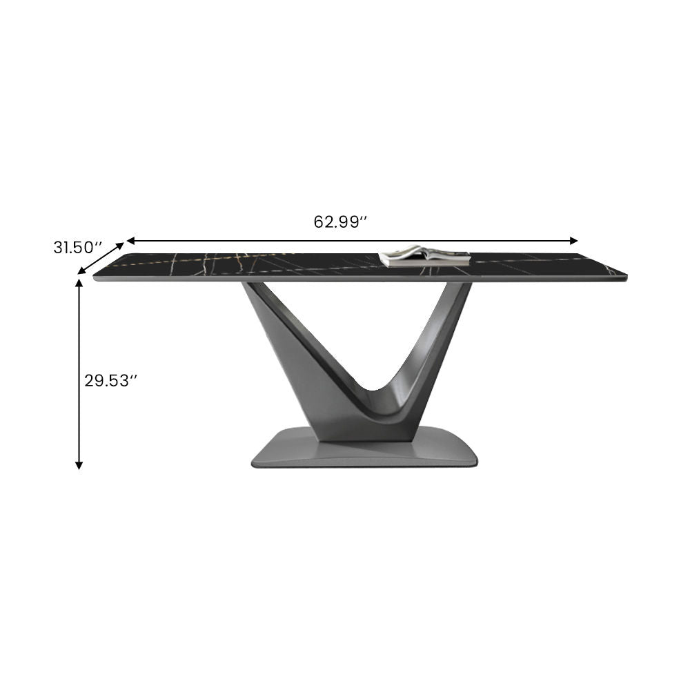 Modern White Dining Table- Rectangular Tabletop & V-Shape Base Black