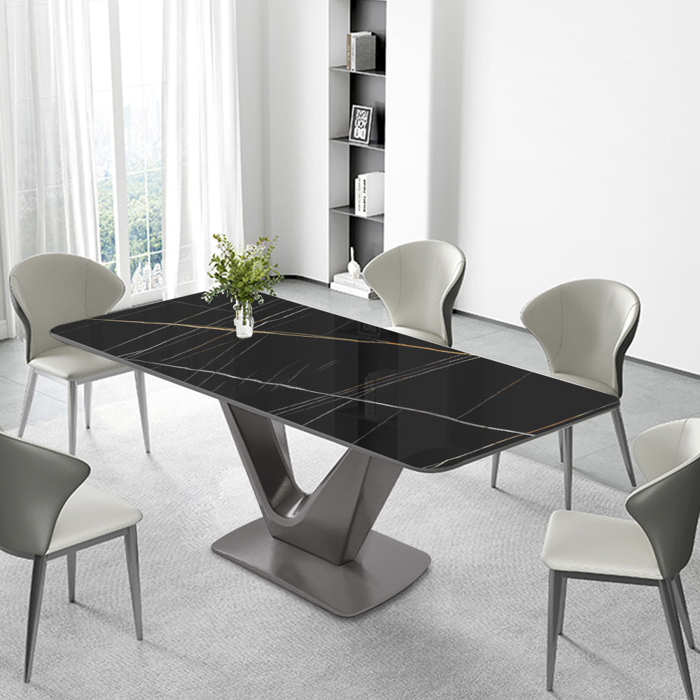 Modern White Dining Table- Rectangular Tabletop & V-Shape Base Black