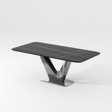 Modern White Dining Table- Rectangular Tabletop & V-Shape Base Black