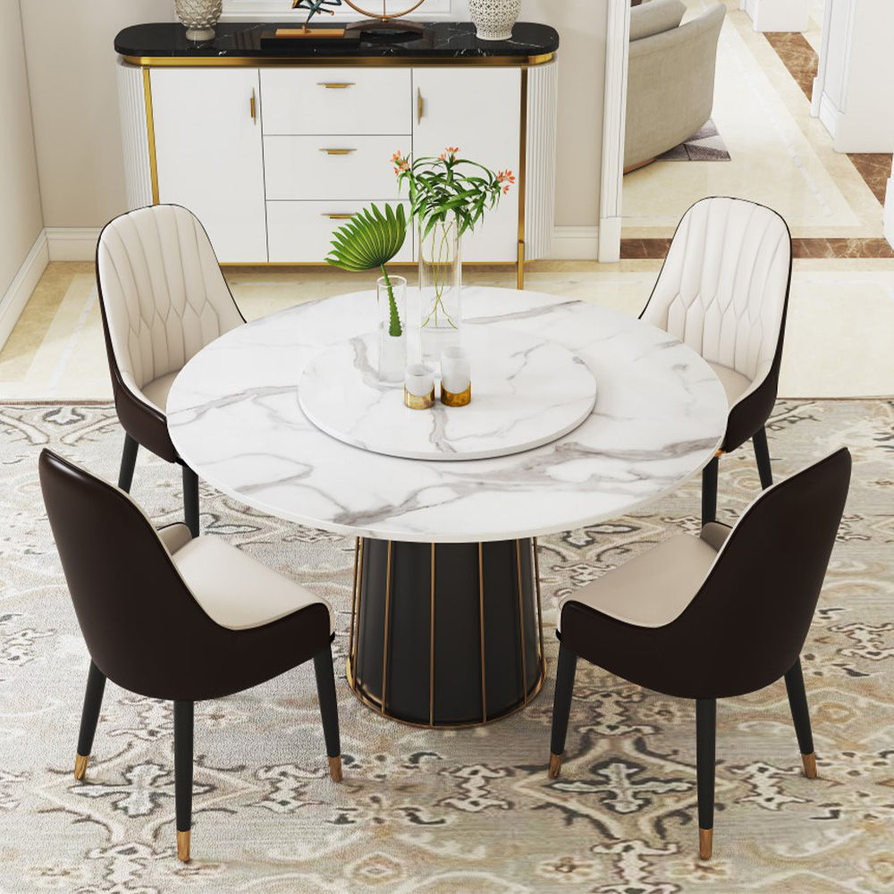 Contemporary Round Marble Dining Table With Lazy Susan White