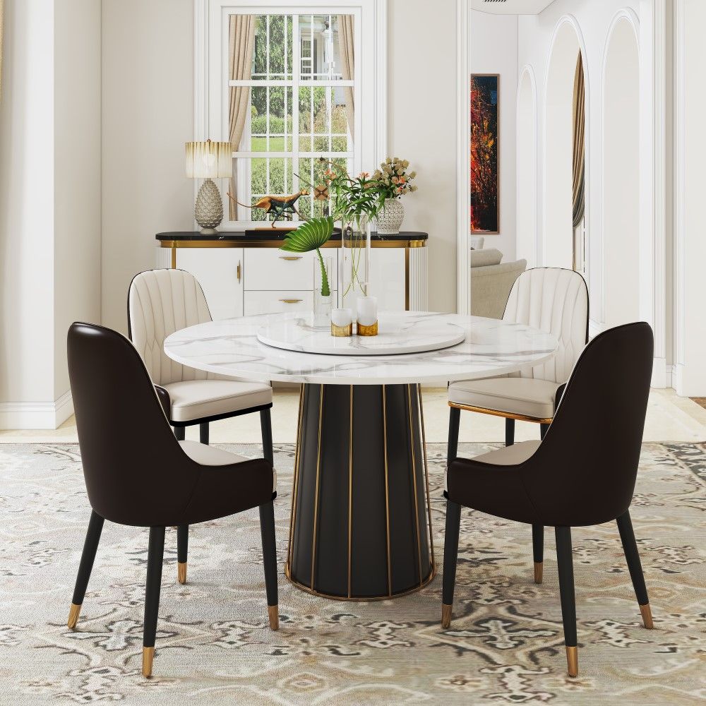 Contemporary Round Marble Dining Table With Lazy Susan White