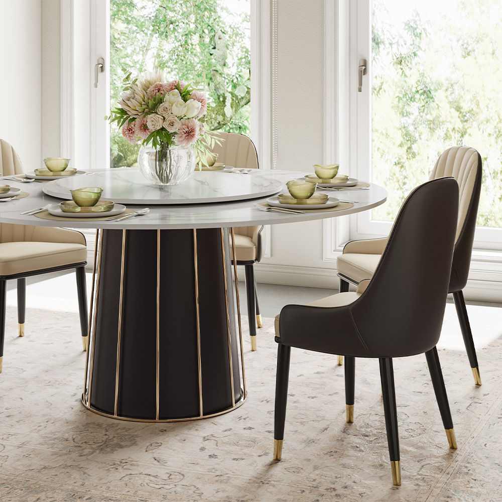 Contemporary Round Marble Dining Table With Lazy Susan White