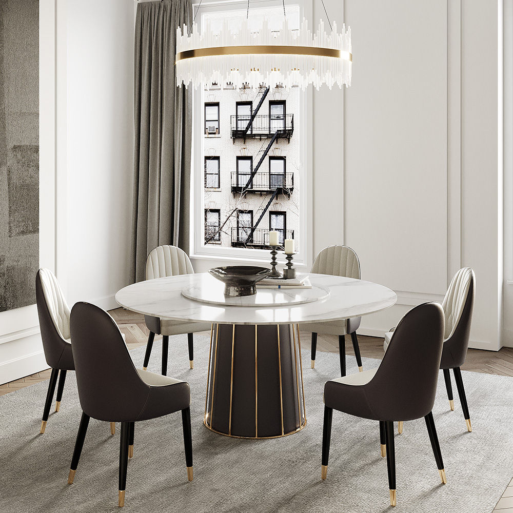 Contemporary Round Marble Dining Table With Lazy Susan White