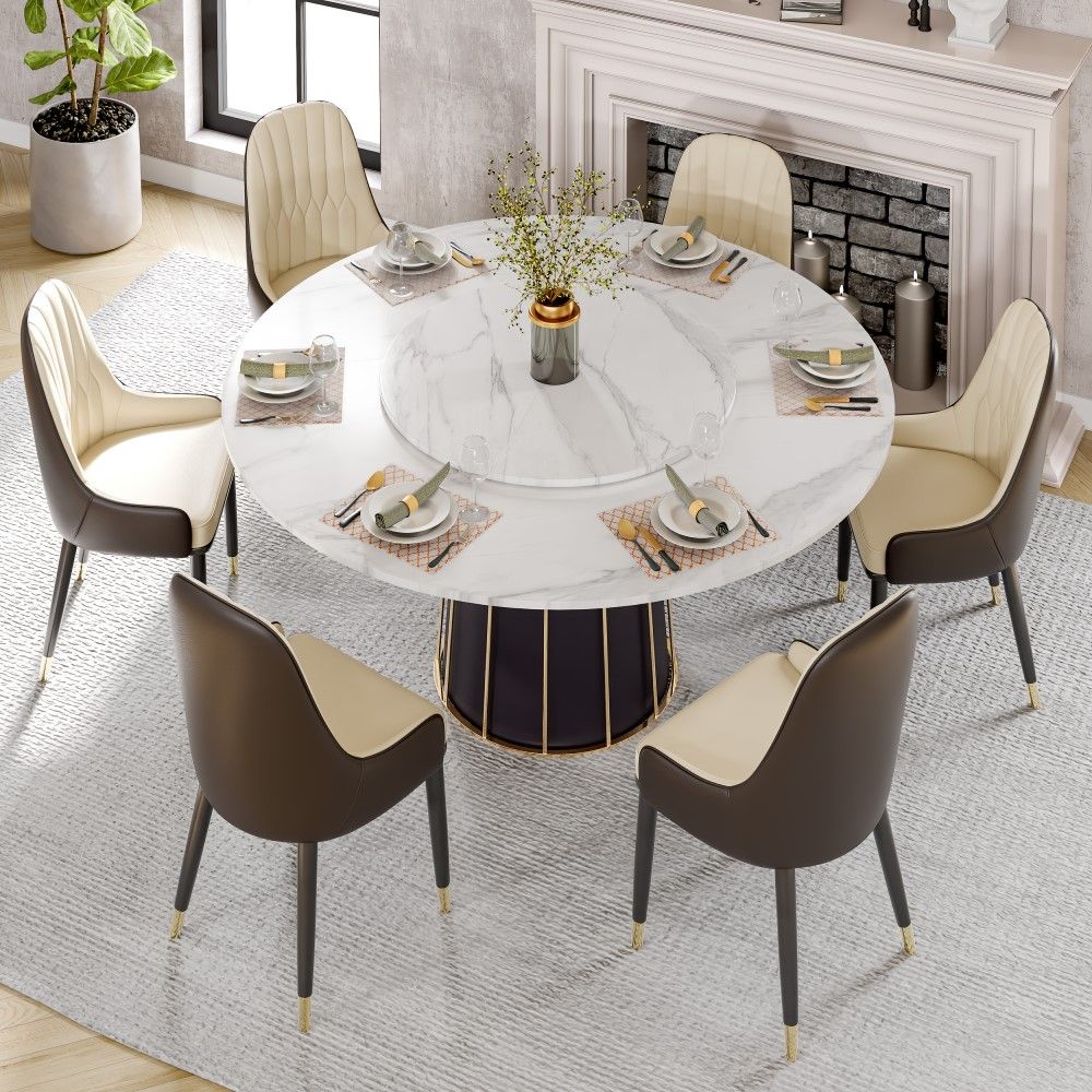 Contemporary Round Marble Dining Table With Lazy Susan White