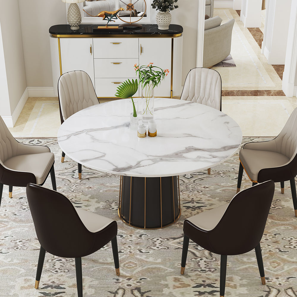 Contemporary Round Marble Dining Table With Lazy Susan White