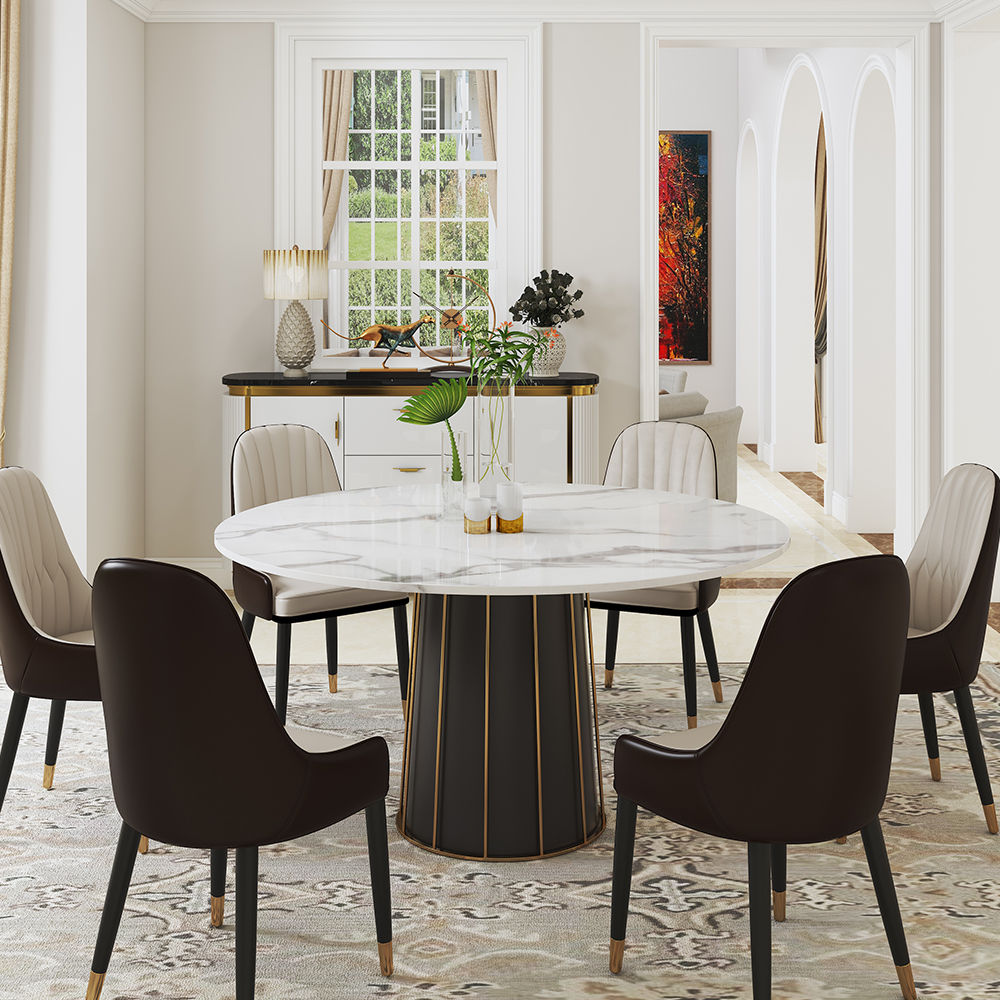 Contemporary Round Marble Dining Table With Lazy Susan White