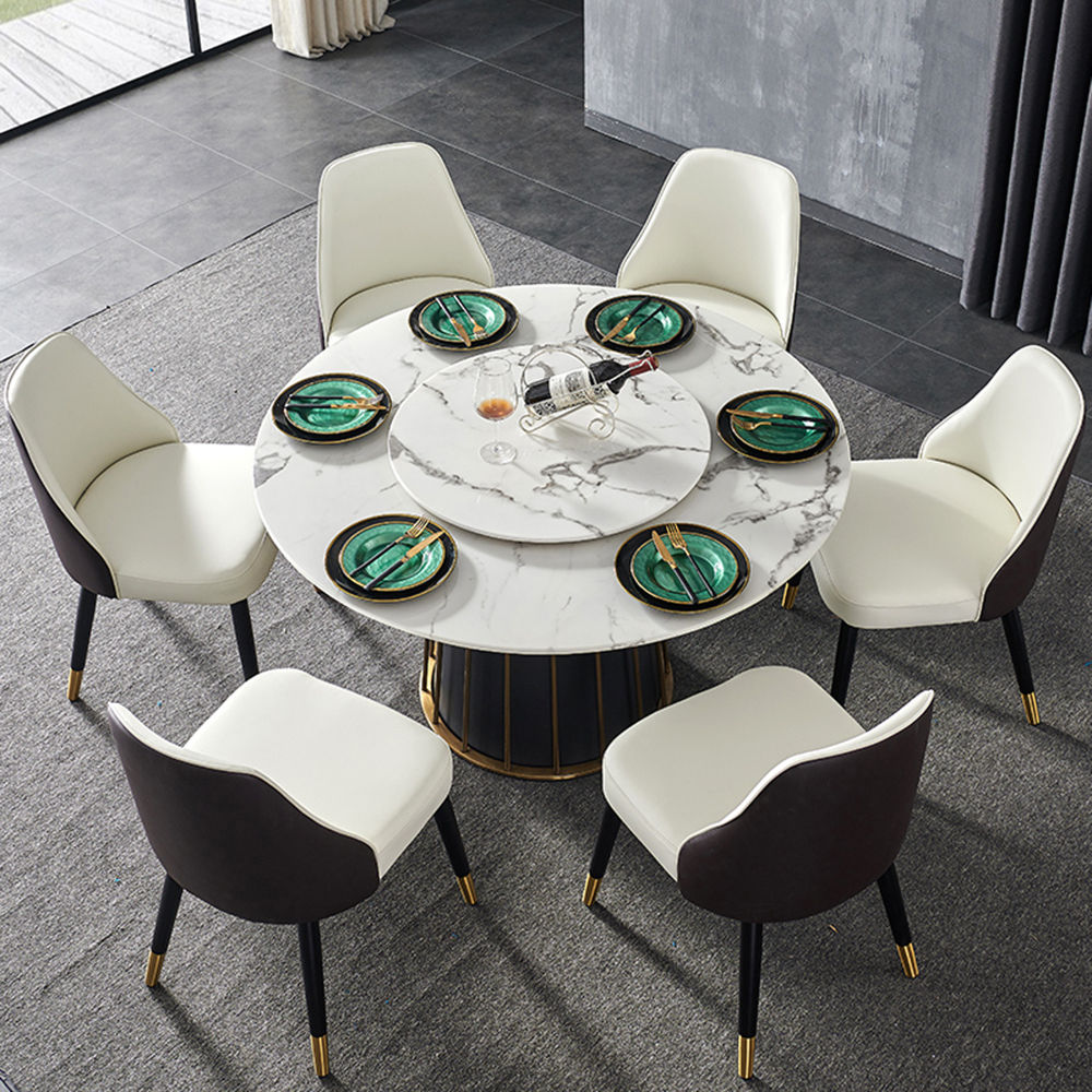 Contemporary Round Marble Dining Table With Lazy Susan White