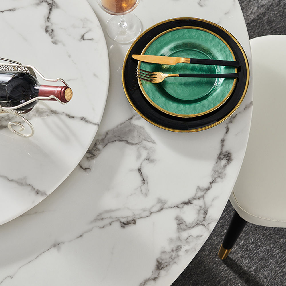 Contemporary Round Marble Dining Table With Lazy Susan White