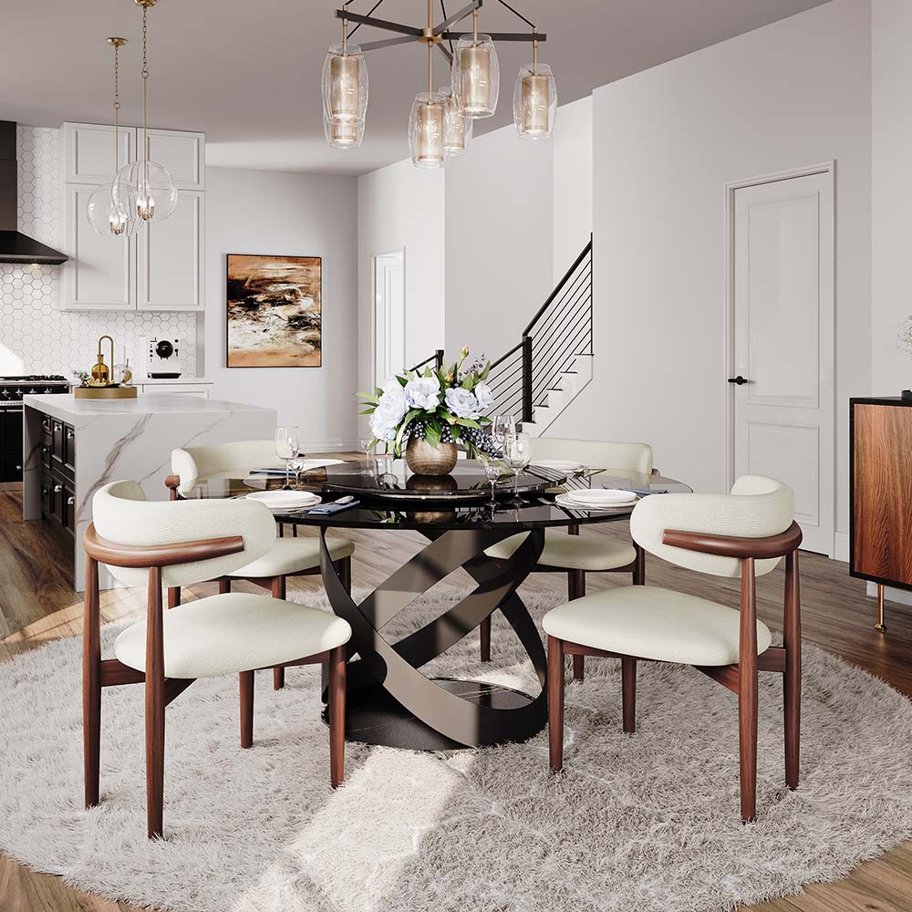 Modern White Round Dining Table with X Carbon Base Glass Gray