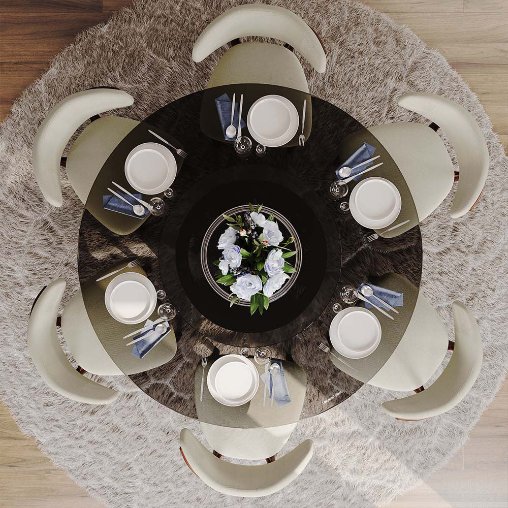 Modern White Round Dining Table with X Carbon Base Glass Gray