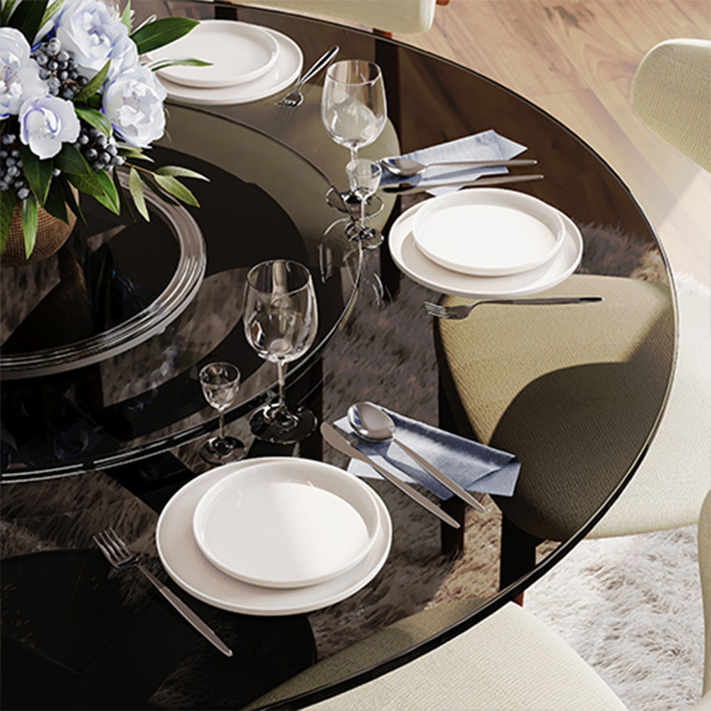 Modern White Round Dining Table with X Carbon Base Glass Gray