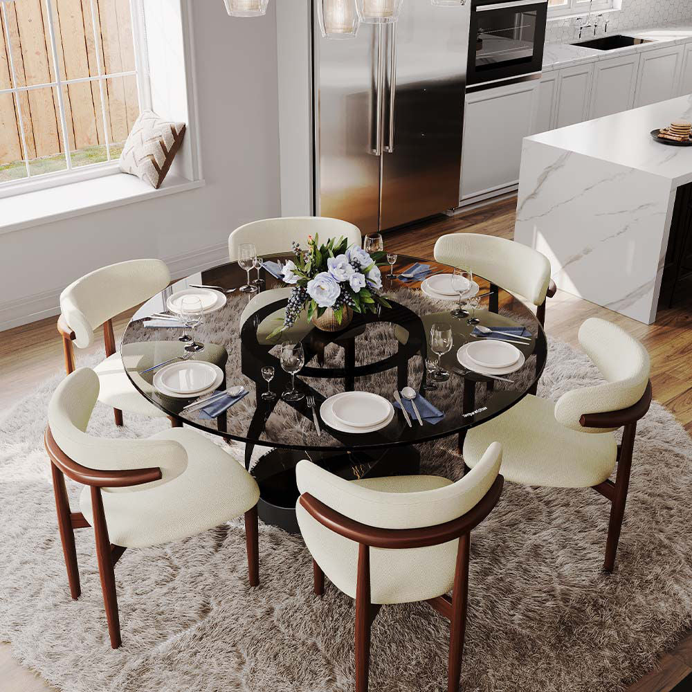 Modern White Round Dining Table with X Carbon Base Glass Gray