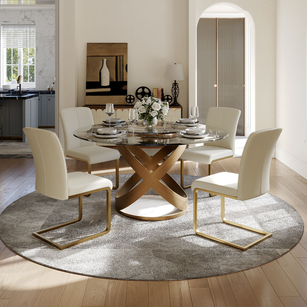 Modern White Round Dining Table with X Carbon Base Glass Transparent