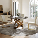 Modern White Round Dining Table with X Carbon Base Glass Transparent