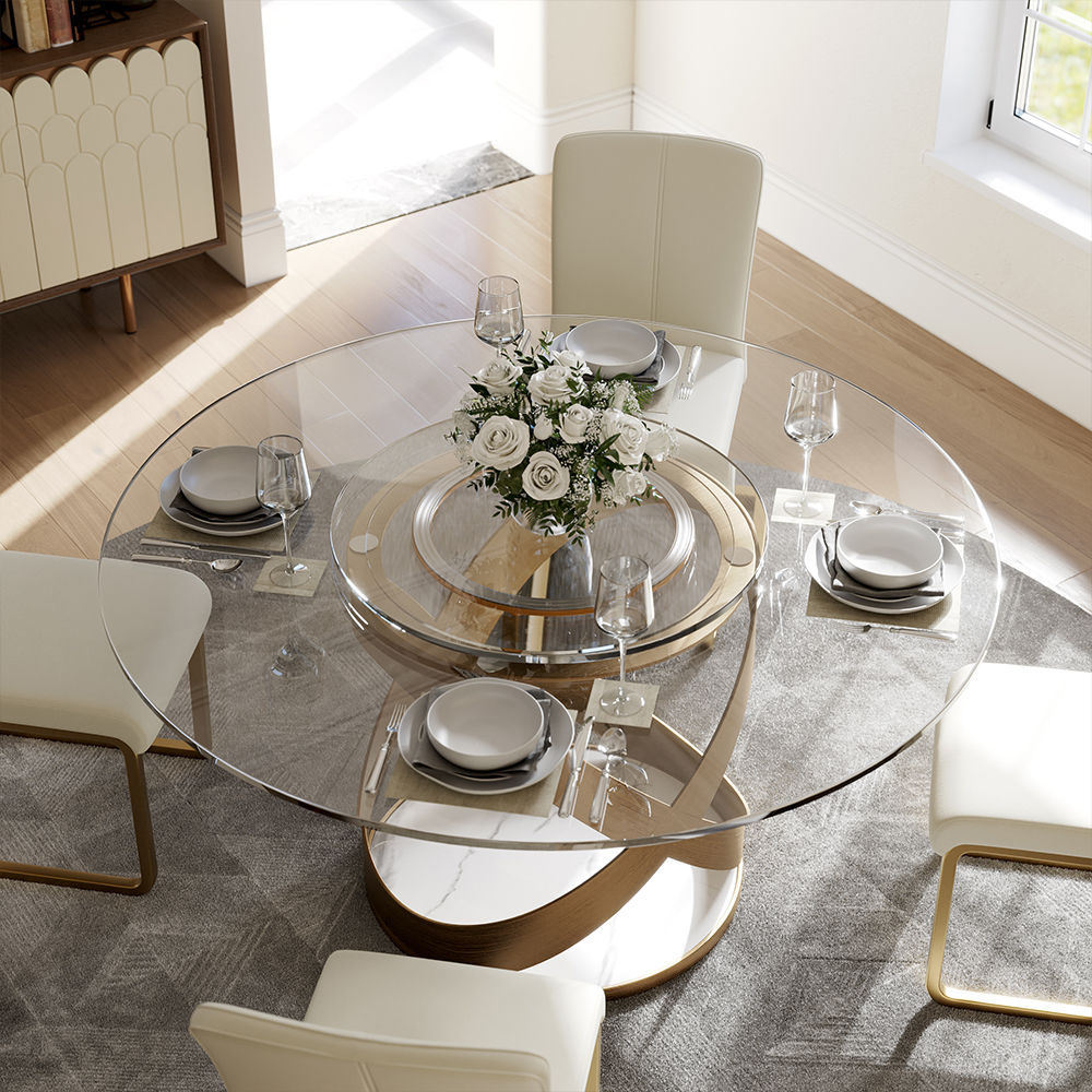 Modern White Round Dining Table with X Carbon Base Glass Transparent