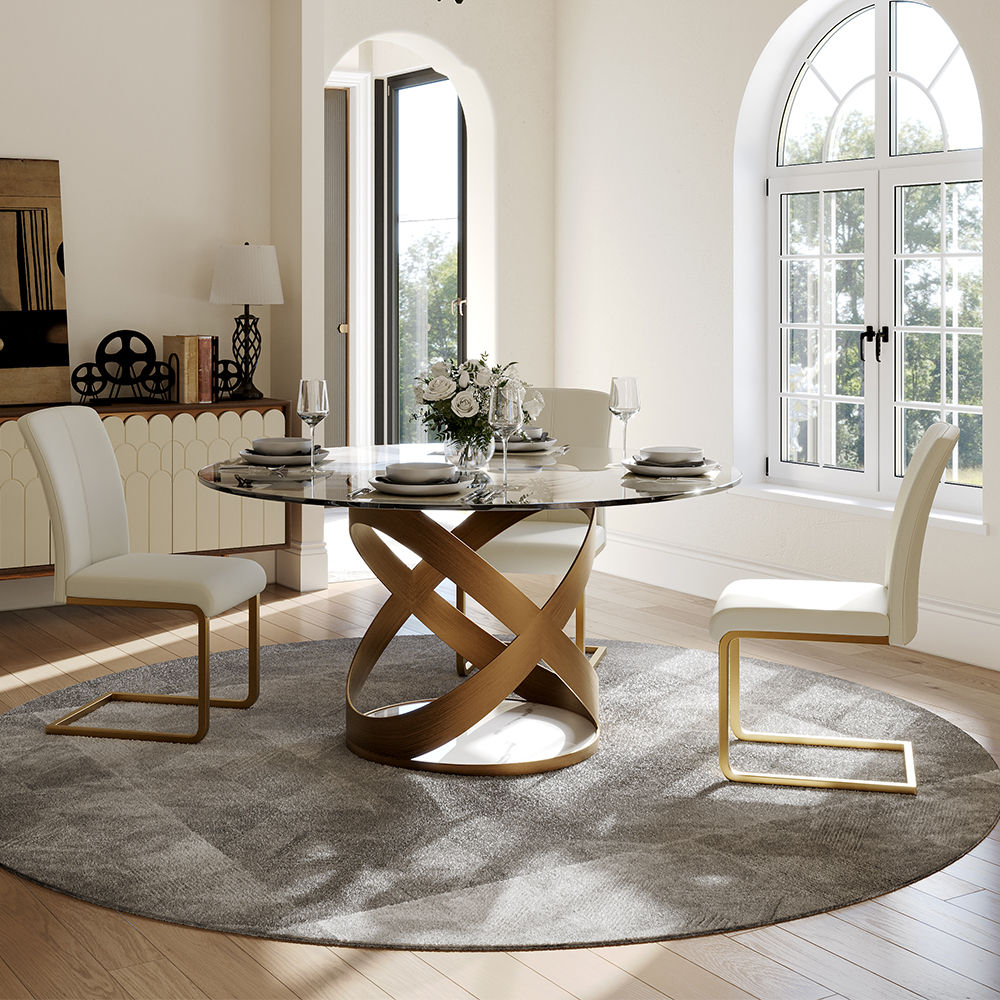 Modern White Round Dining Table with X Carbon Base Glass Transparent