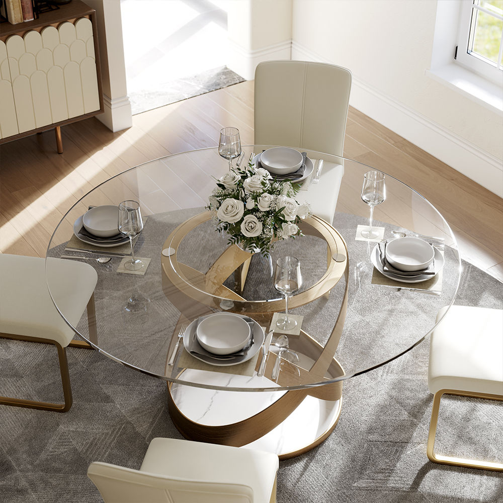 Modern White Round Dining Table with X Carbon Base Glass Transparent