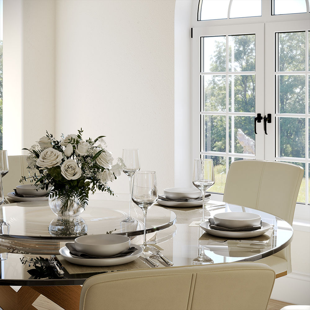 Modern White Round Dining Table with X Carbon Base Glass Transparent