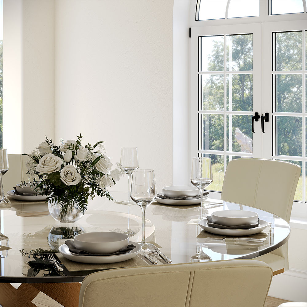 Modern White Round Dining Table with X Carbon Base Glass Transparent