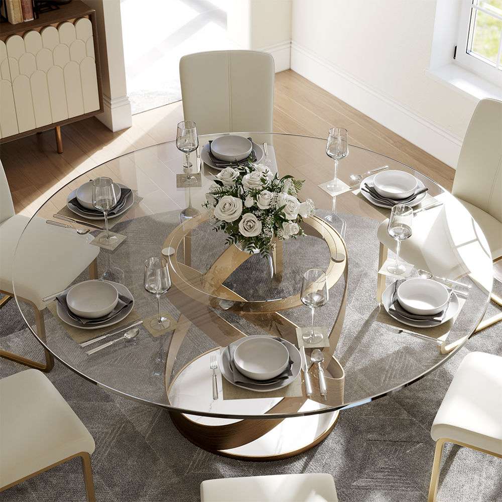 Modern White Round Dining Table with X Carbon Base Glass Transparent