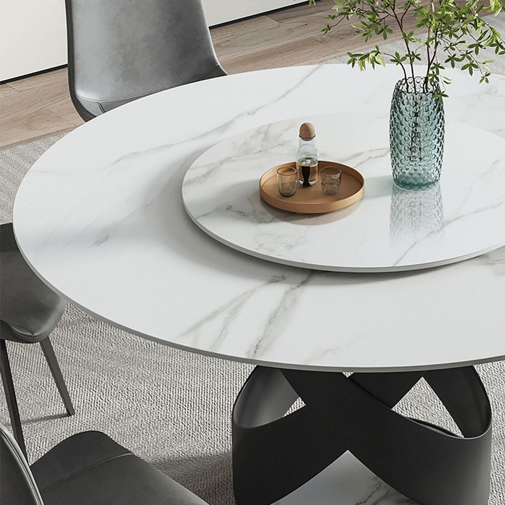 Modern White Round Dining Table with X Carbon Base Sintered Stone White & Black