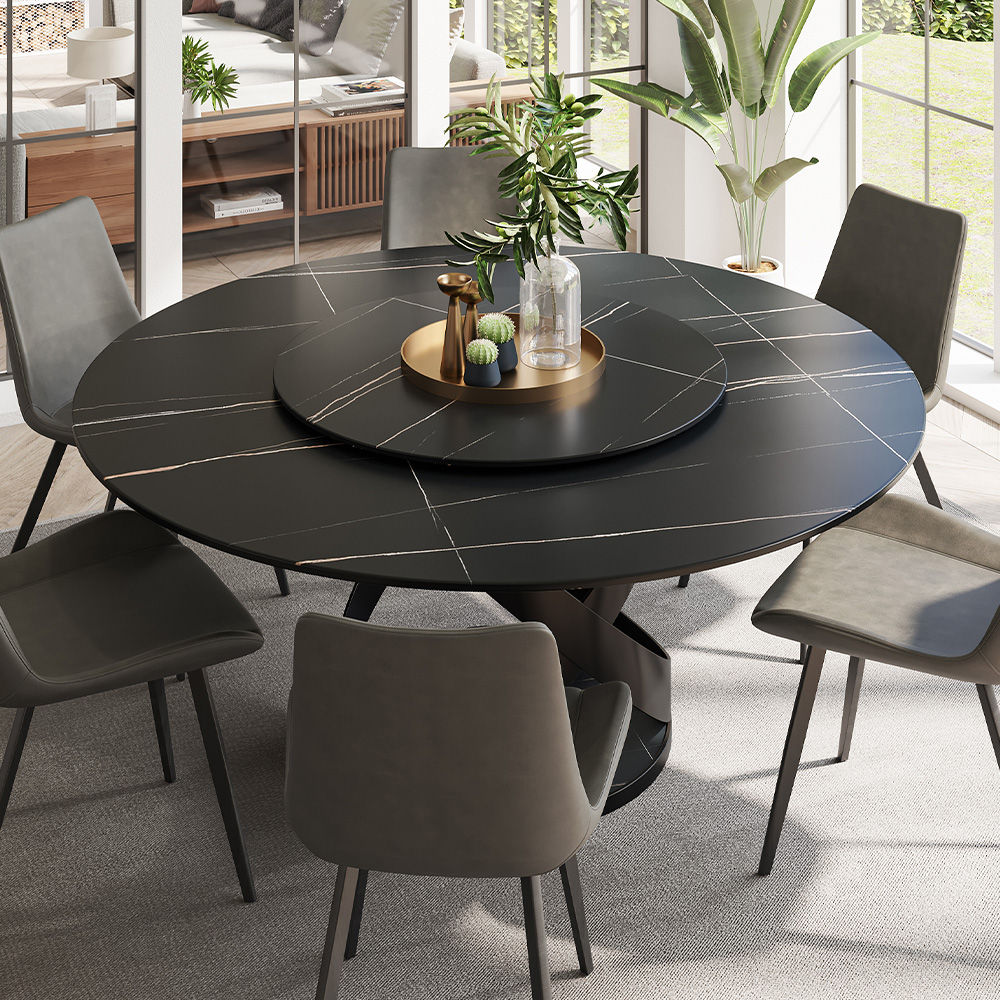 Modern White Round Dining Table with X Carbon Base Sintered Stone Black