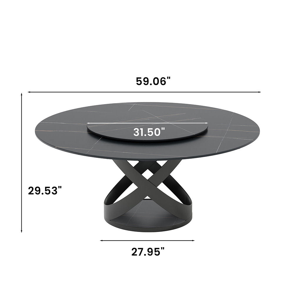 Modern White Round Dining Table with X Carbon Base Sintered Stone Black
