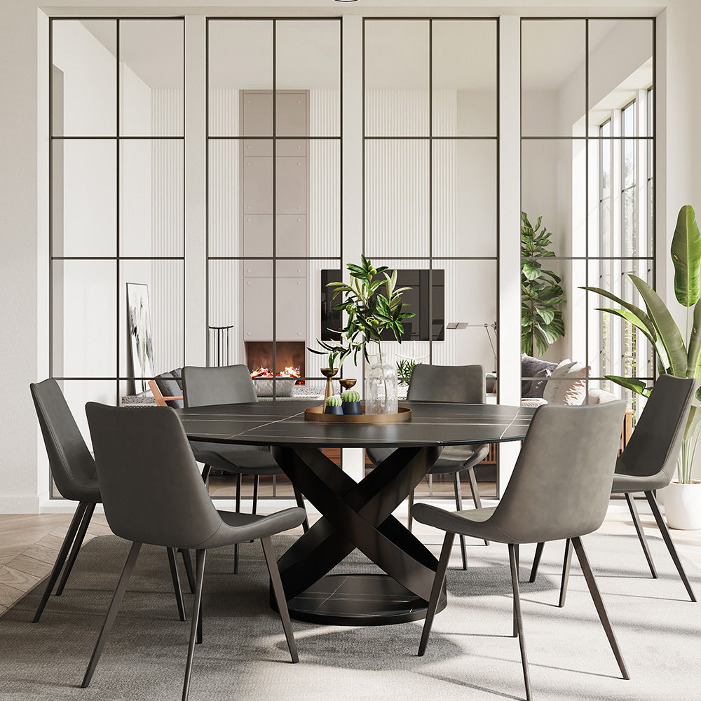 Modern White Round Dining Table with X Carbon Base Sintered Stone Black