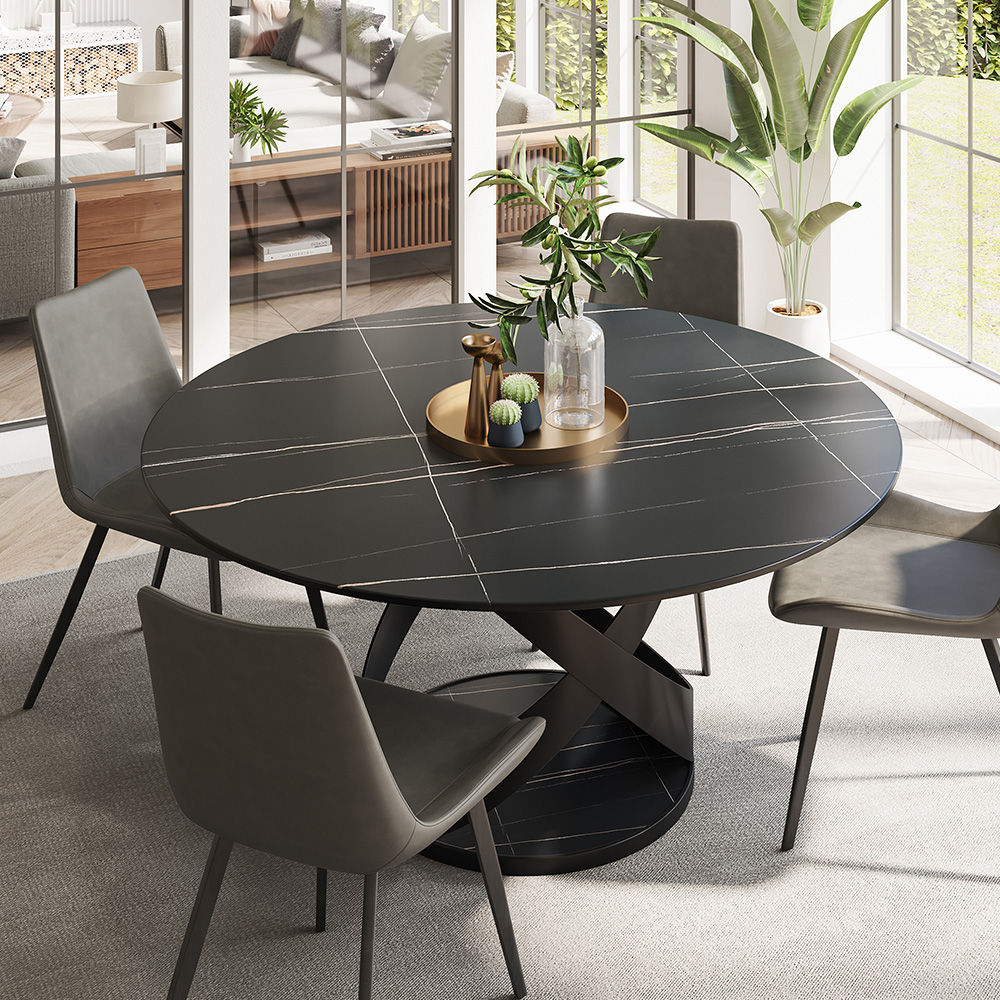 Modern White Round Dining Table with X Carbon Base Sintered Stone Black