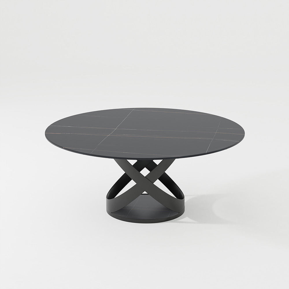 Modern White Round Dining Table with X Carbon Base Sintered Stone Black