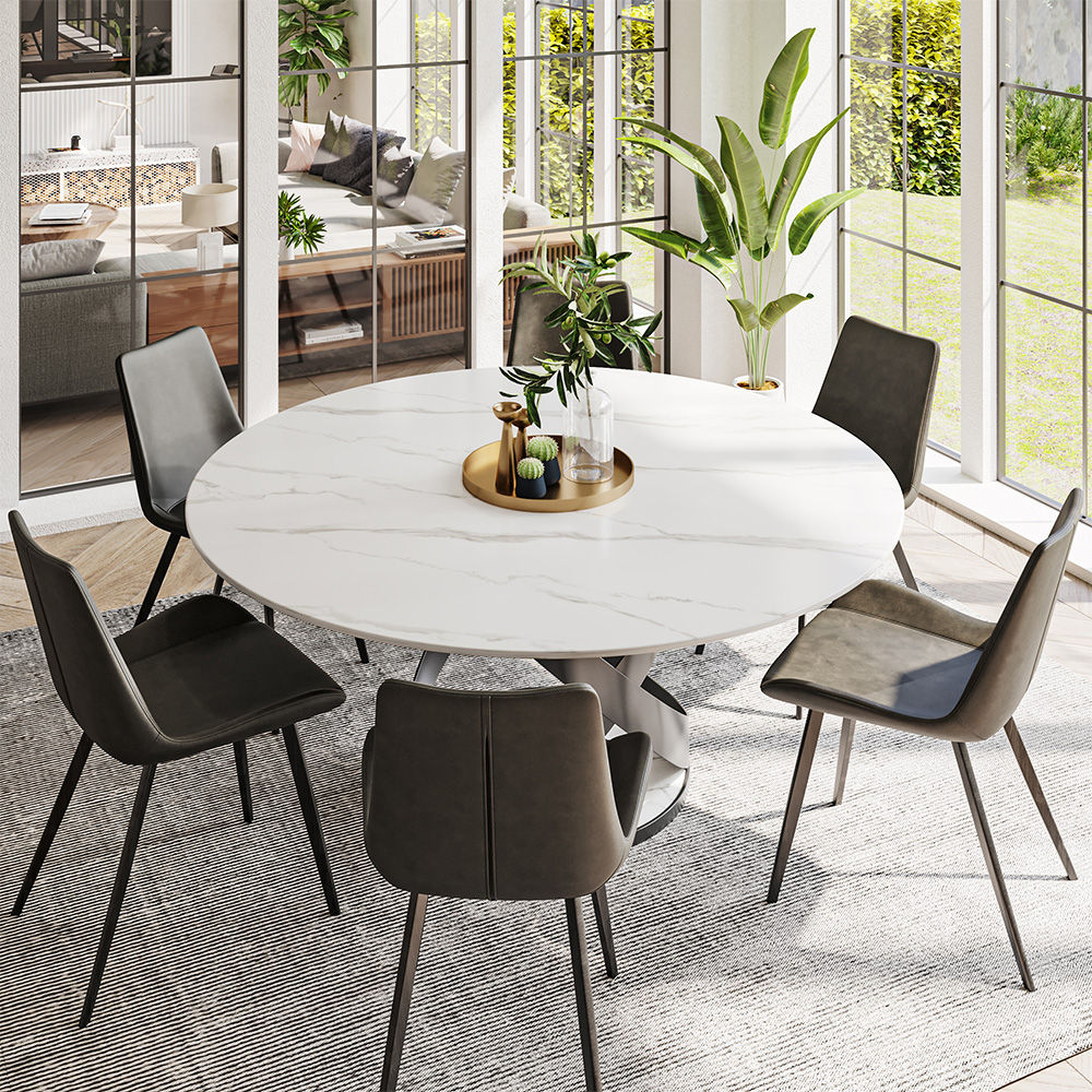 Modern White Round Dining Table with X Carbon Base Sintered Stone White & Black