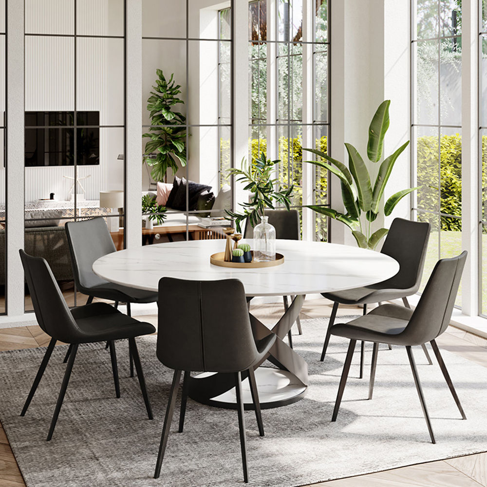 Modern White Round Dining Table with X Carbon Base Sintered Stone White & Black