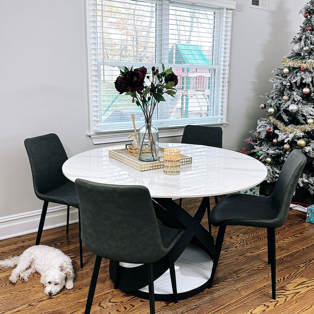 Modern White Round Dining Table with X Carbon Base Sintered Stone White & Black