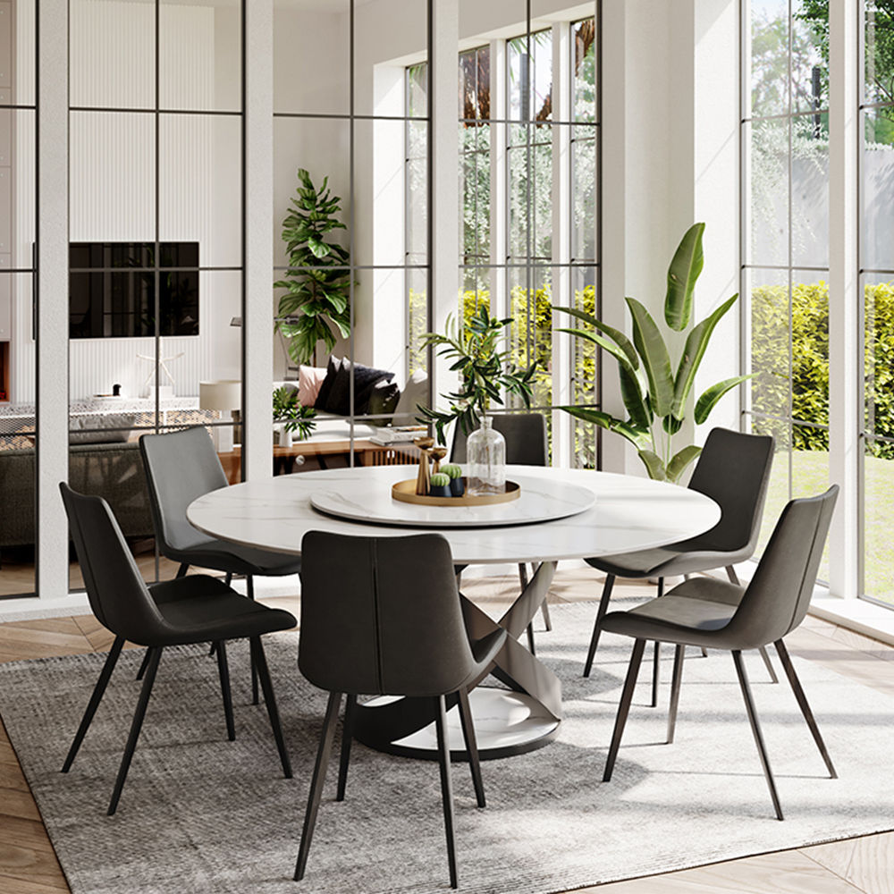 Modern White Round Dining Table with X Carbon Base Sintered Stone White & Black