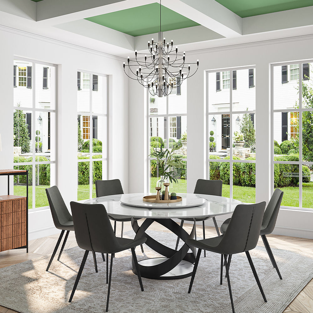 Modern White Round Dining Table with X Carbon Base Sintered Stone White & Black