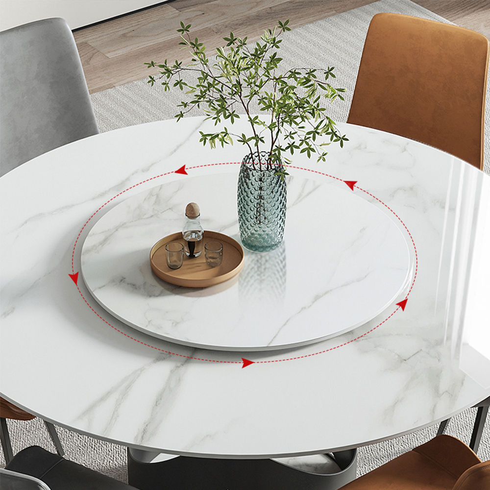 Modern White Round Dining Table with X Carbon Base Sintered Stone White & Black