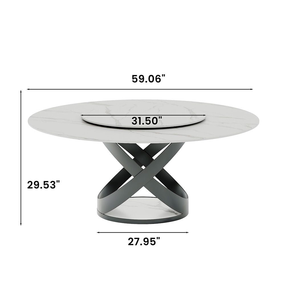 Modern White Round Dining Table with X Carbon Base Sintered Stone White & Black