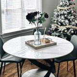 Modern White Round Dining Table with X Carbon Base Sintered Stone White & Black