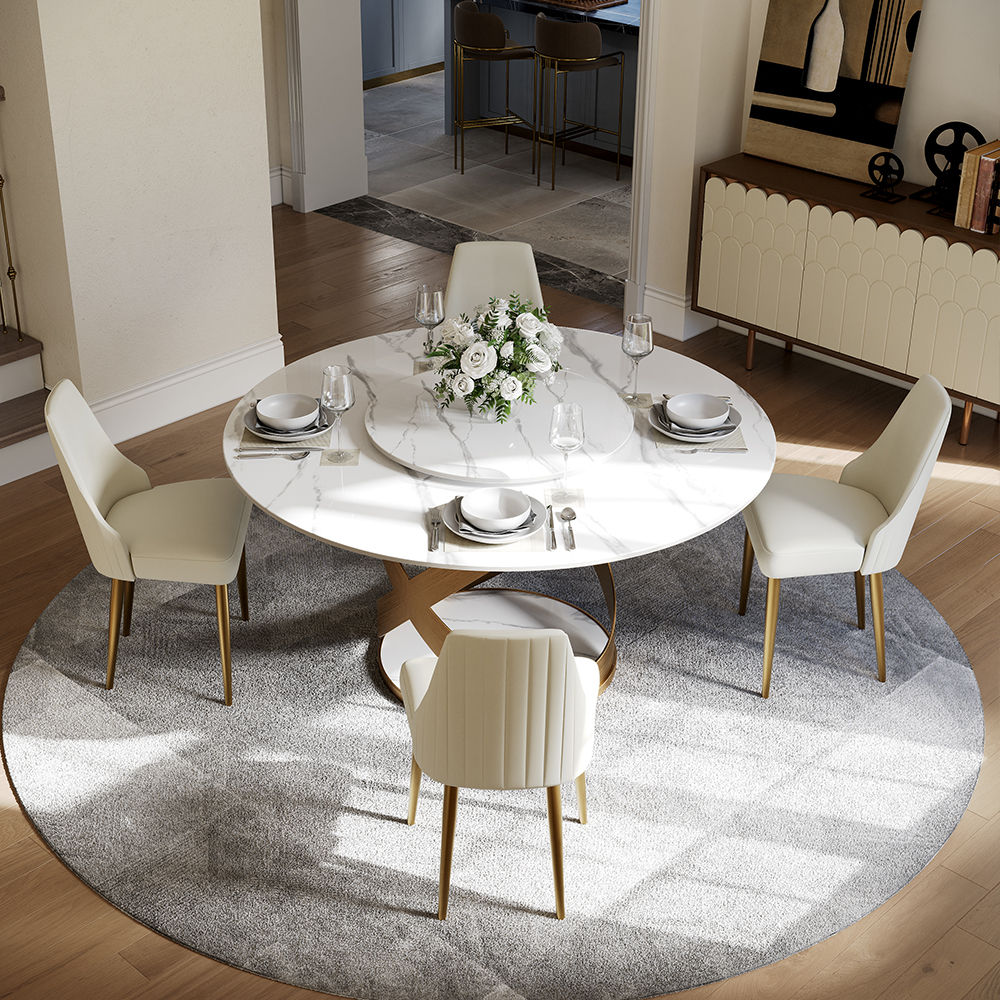 Modern White Round Dining Table with X Carbon Base Sintered Stone White & Bronze