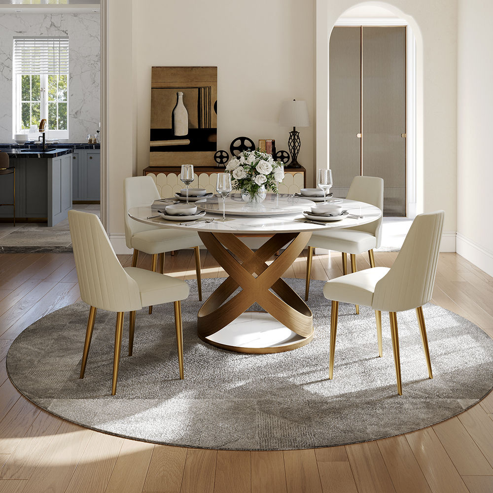 Modern White Round Dining Table with X Carbon Base Sintered Stone White & Bronze