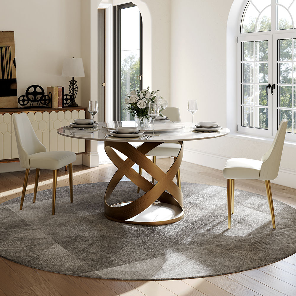 Modern White Round Dining Table with X Carbon Base Sintered Stone White & Bronze