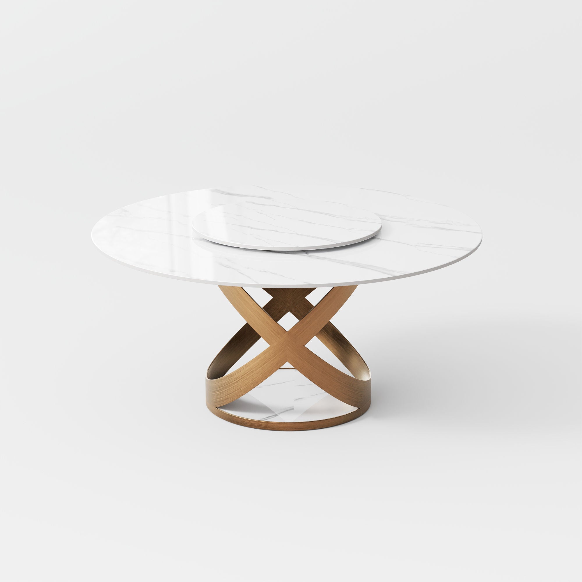 Modern White Round Dining Table with X Carbon Base Sintered Stone White & Bronze