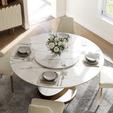 Modern White Round Dining Table with X Carbon Base Sintered Stone White & Bronze