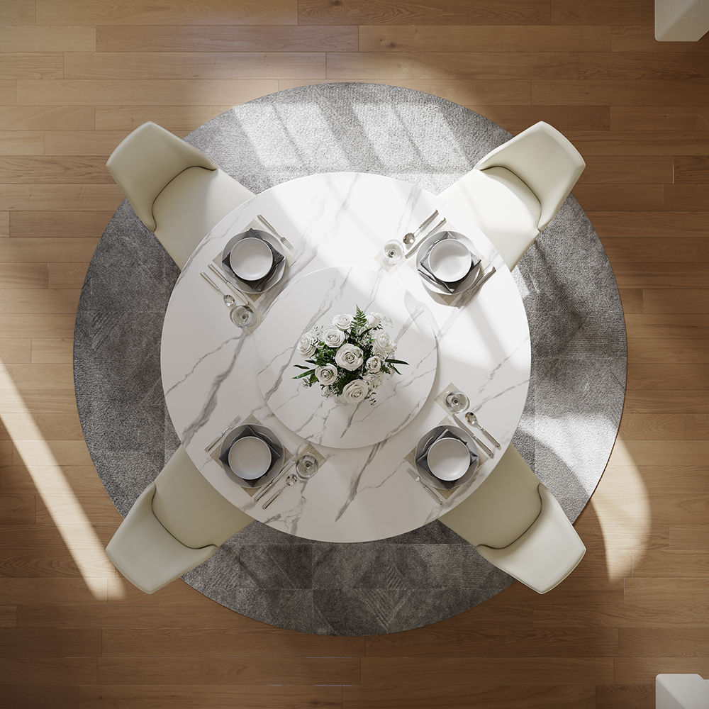 Modern White Round Dining Table with X Carbon Base Sintered Stone White & Bronze