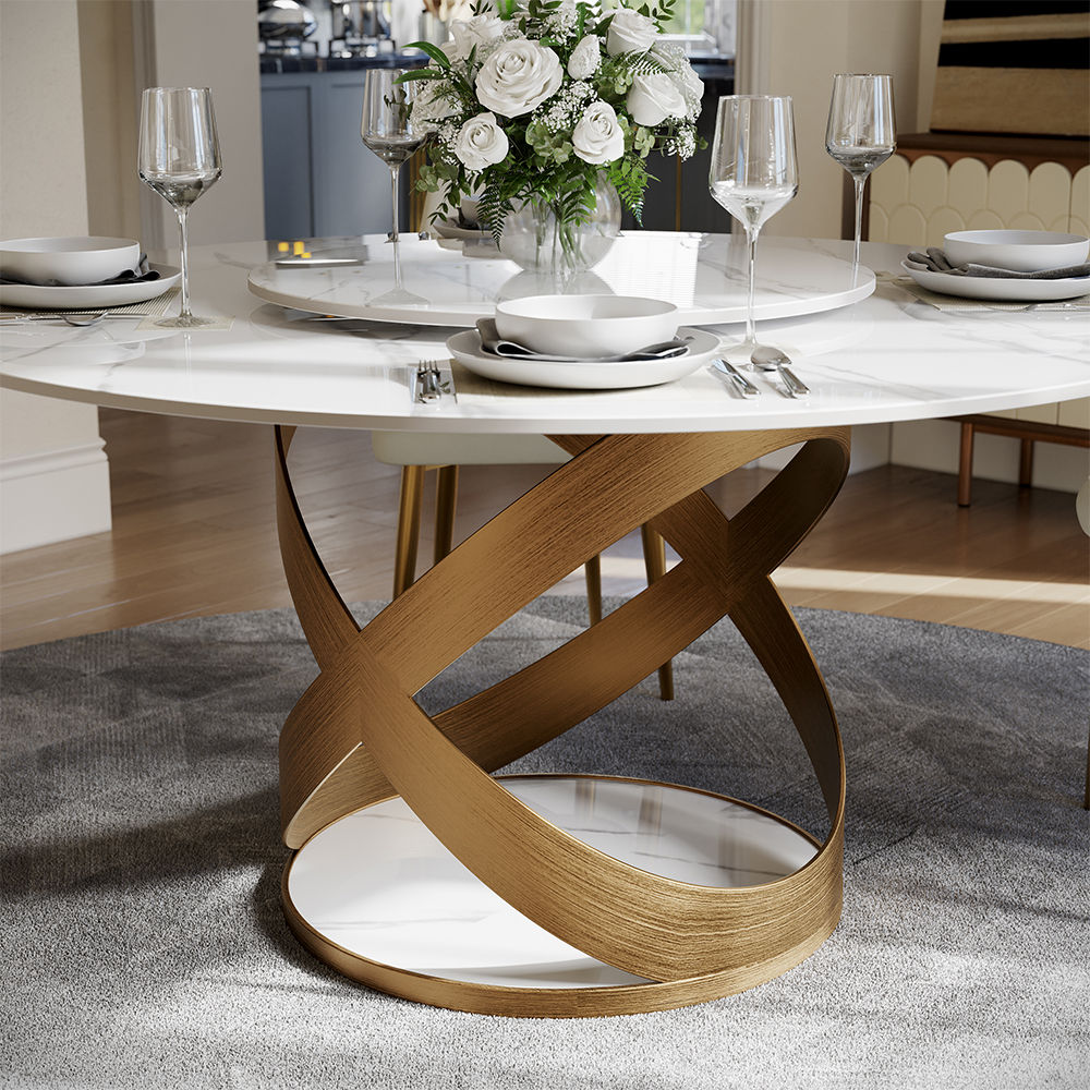 Modern White Round Dining Table with X Carbon Base Sintered Stone White & Bronze